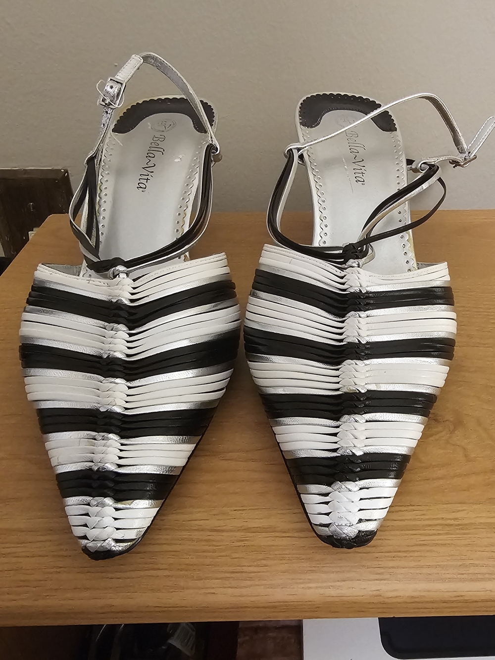 Bella Vita Allegra Black White Leather Slingback Heels 12D